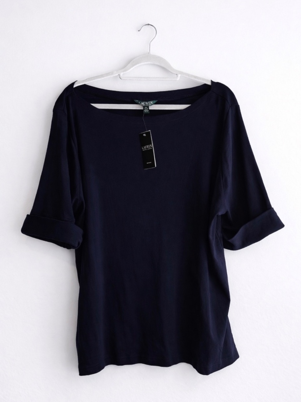 Lauren Ralph Lauren Navy Boatneck Elbow-Sleeve Top with Rolled Cuffs